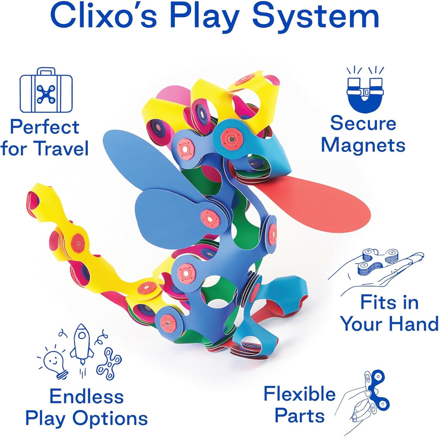 Clixo Rainbow 42 Piece Pack. Flexible Imagination Boosting Magnetic Building Toy