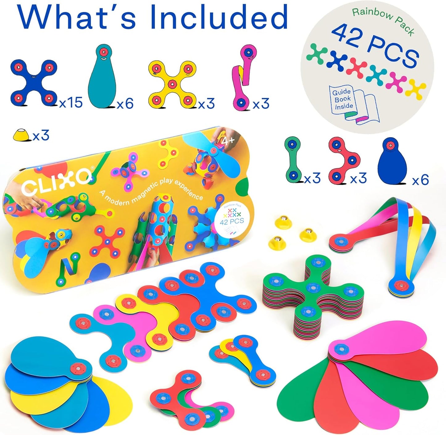 Clixo Rainbow 42 Piece Pack. Flexible Imagination Boosting Magnetic Building Toy