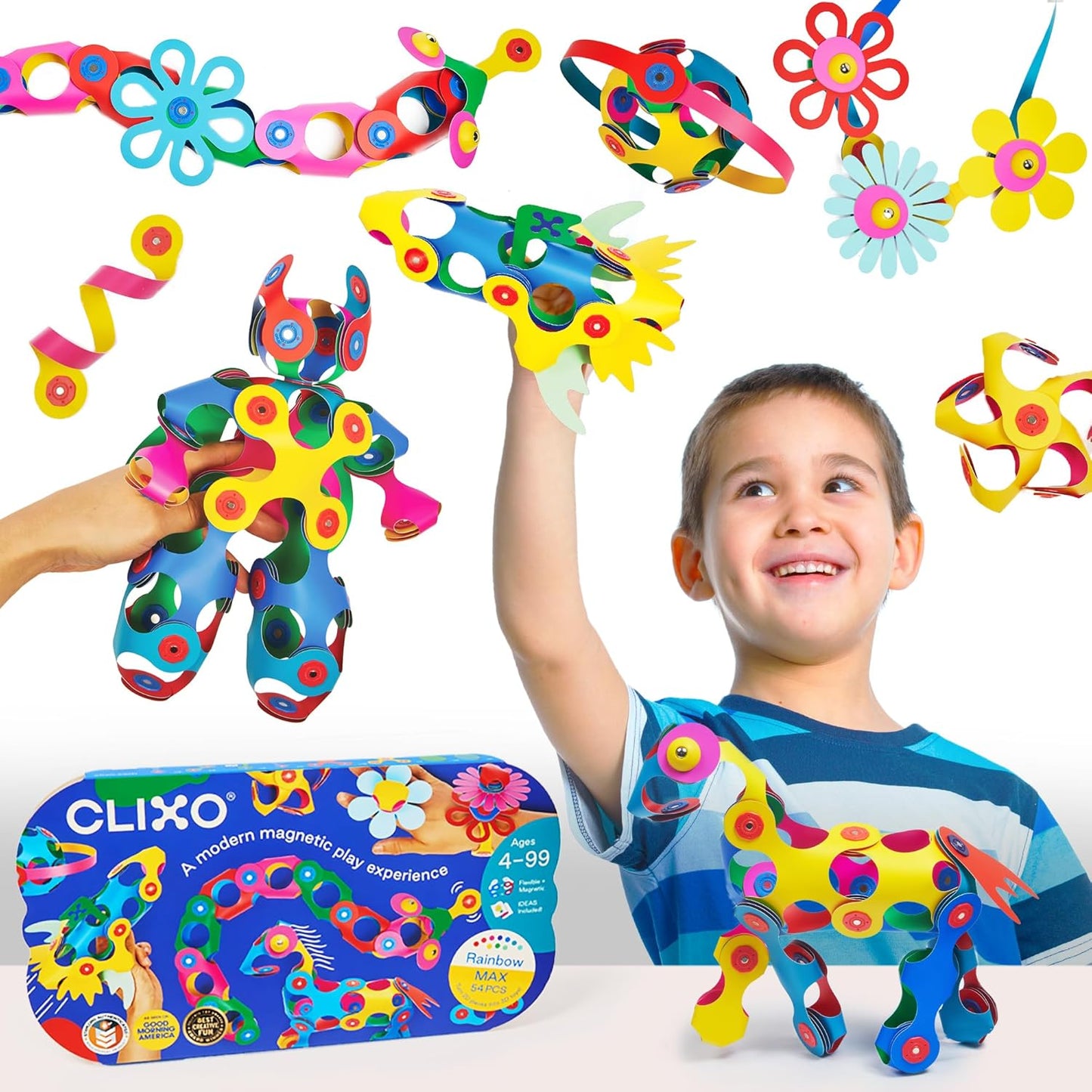 Clixo Rainbow 42 Piece Pack. Flexible Imagination Boosting Magnetic Building Toy