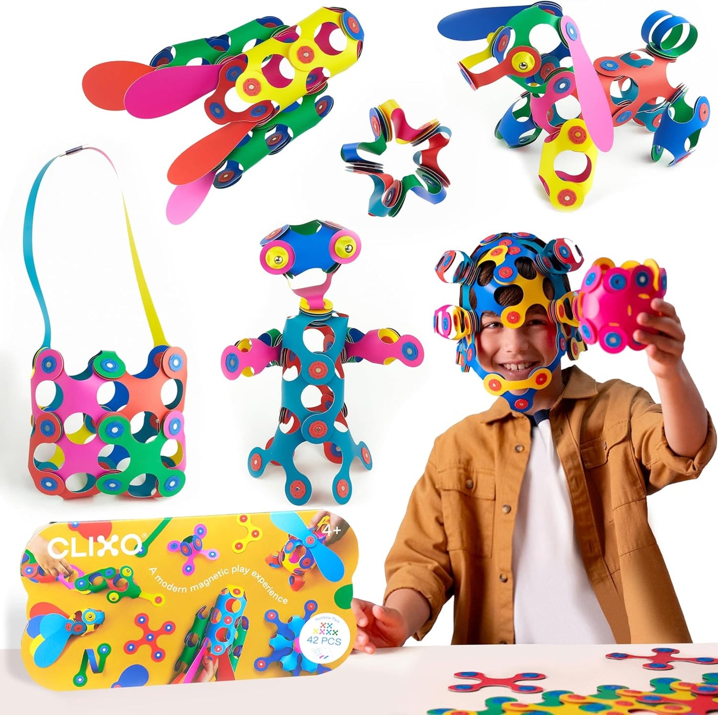 Clixo Rainbow 42 Piece Pack. Flexible Imagination Boosting Magnetic Building Toy
