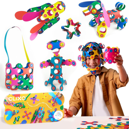 Clixo Rainbow 42 Piece Pack. Flexible Imagination Boosting Magnetic Building Toy